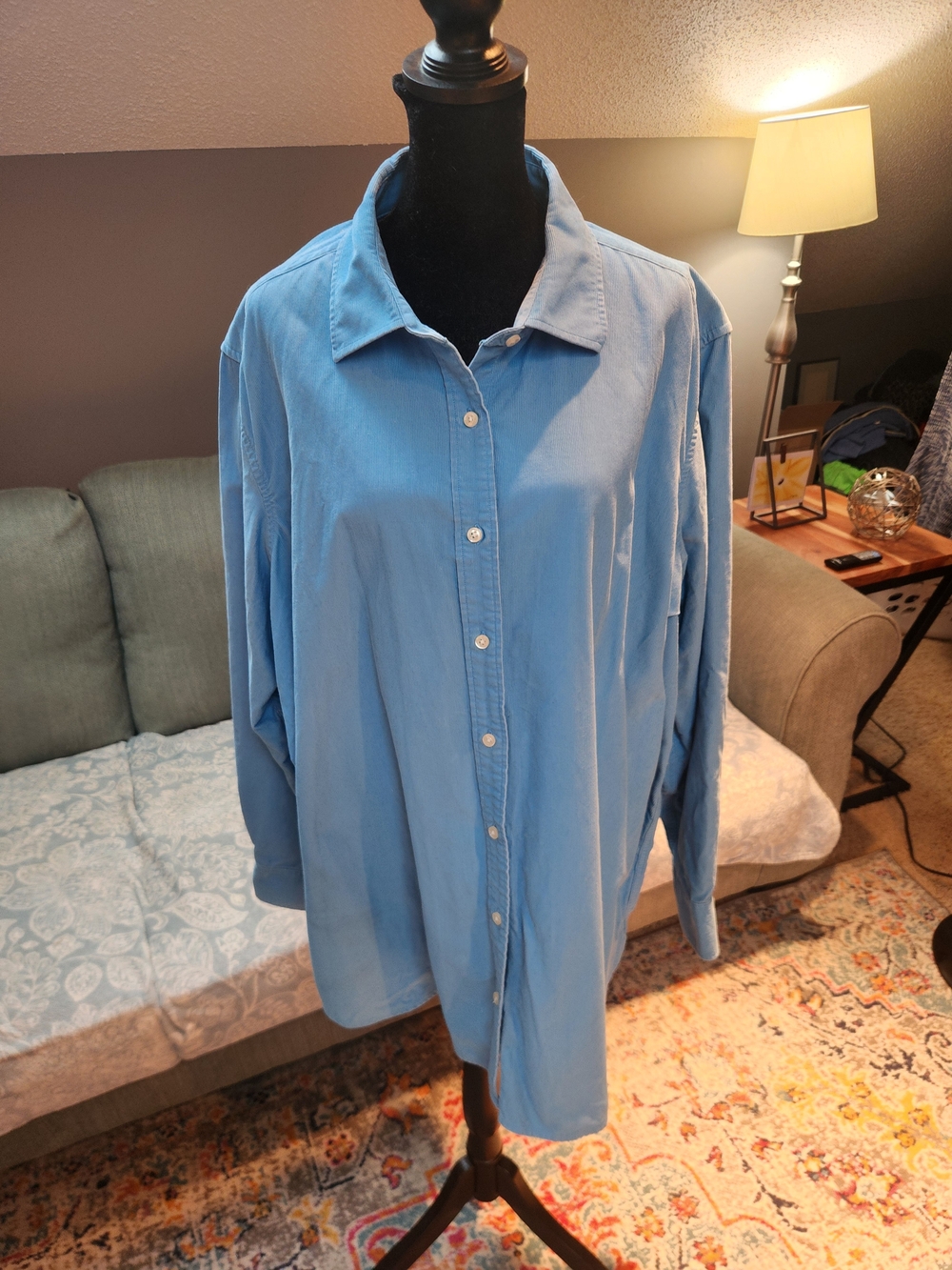 Lands End Womens Light Blue Corduroy Button-Up Shirt 3X Plus Great Condition